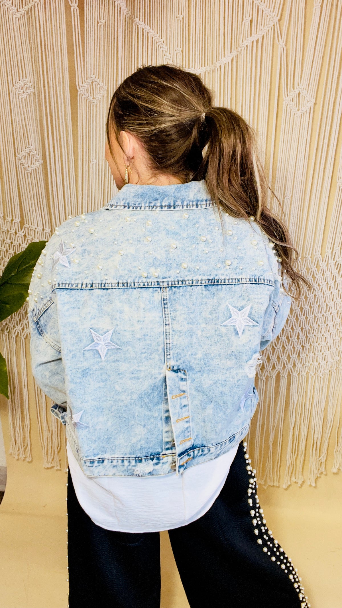 2-Haven Pearl Studded Denim Jacket-Denim Jacket-Broken Boutique-Palestine-TX