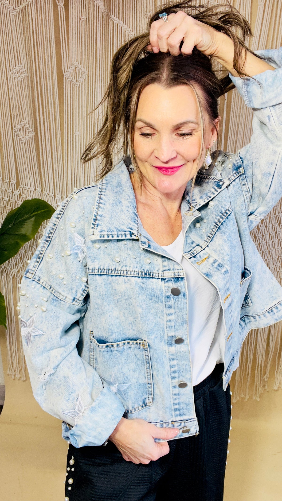 2-Haven Pearl Studded Denim Jacket-Denim Jacket-Broken Boutique-Palestine-TX