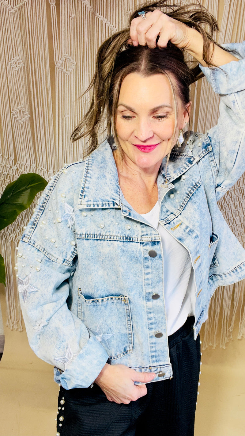2-Haven Pearl Studded Denim Jacket-Denim Jacket-Broken Boutique-Palestine-TX