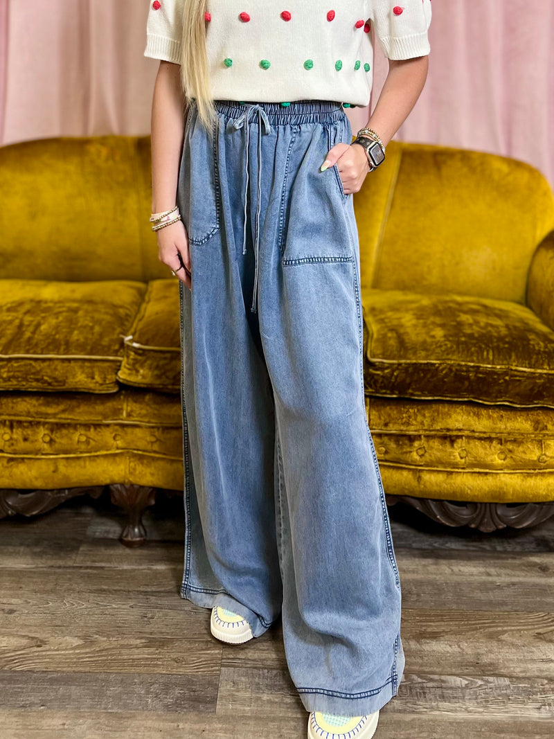 Weekend Whimsy Washed Denim Pants-Denim-Broken Boutique