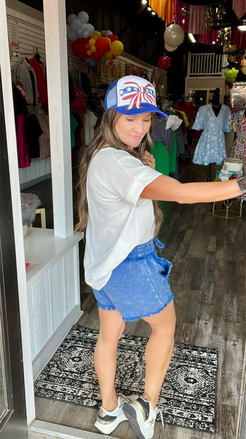3-7274 Blue Lindsey Shorts-denim shorts-Broken Boutique-Palestine-TX