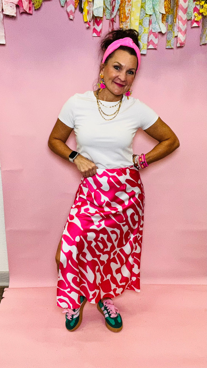 Kysa Midi Skirt with Pink Geometric print-Skirts-Broken Boutique-Palestine-TX