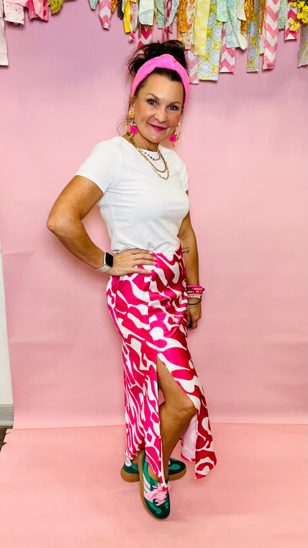 Kysa Midi Skirt with Pink Geometric print-Skirts-Broken Boutique-Palestine-TX