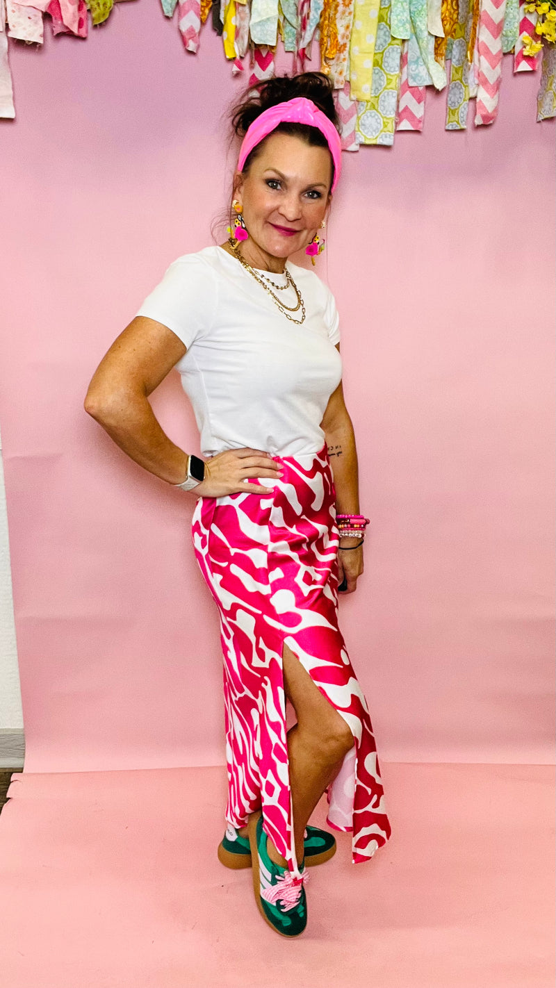 Kysa Midi Skirt with Pink Geometric print-Skirts-Broken Boutique-Palestine-TX