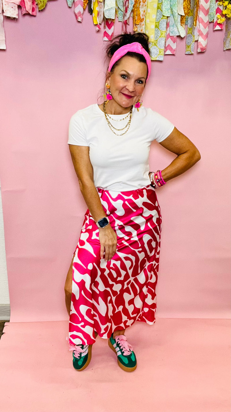 Kysa Midi Skirt with Pink Geometric print-Skirts-Broken Boutique-Palestine-TX