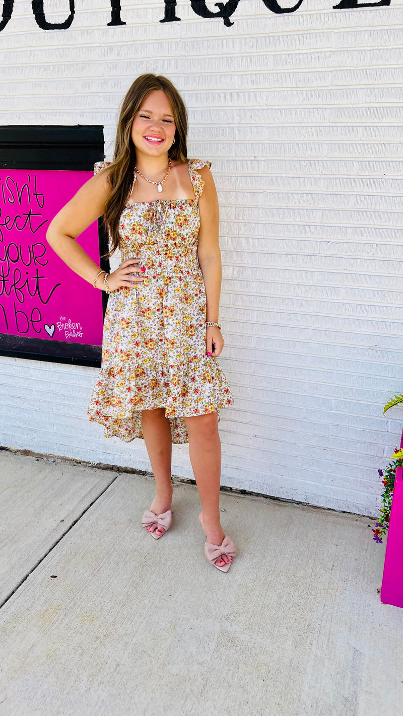 Cream Floral Jeri Dress-Midi Dress-Broken Boutique-Palestine-TX