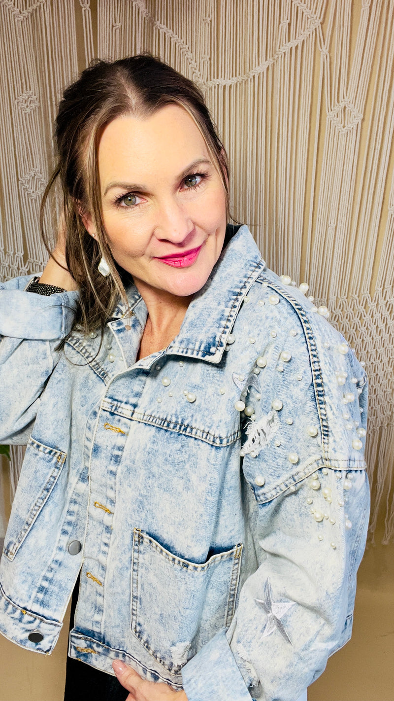2-Haven Pearl Studded Denim Jacket-Denim Jacket-Broken Boutique-Palestine-TX