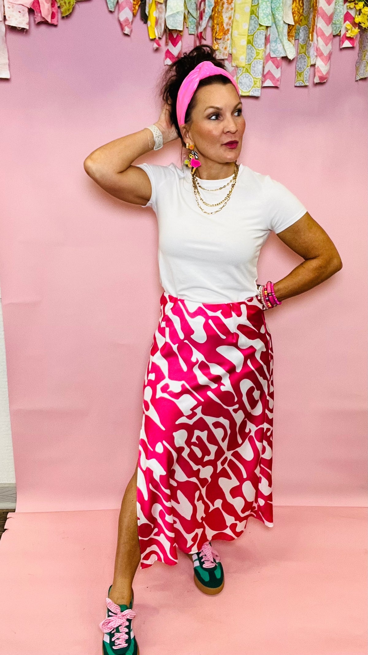 Kysa Midi Skirt with Pink Geometric print-Skirts-Broken Boutique-Palestine-TX