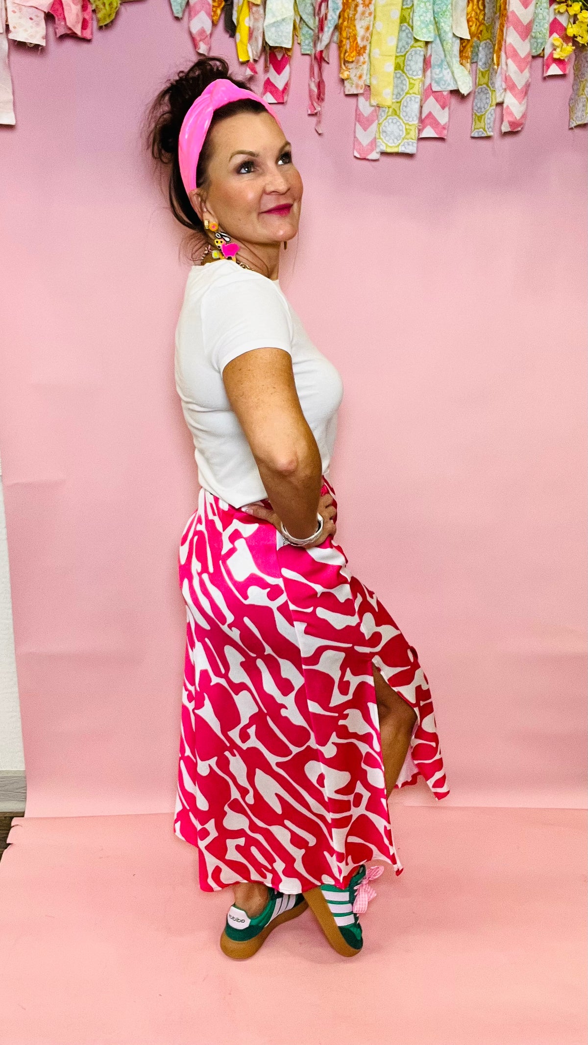 Kysa Midi Skirt with Pink Geometric print-Skirts-Broken Boutique-Palestine-TX