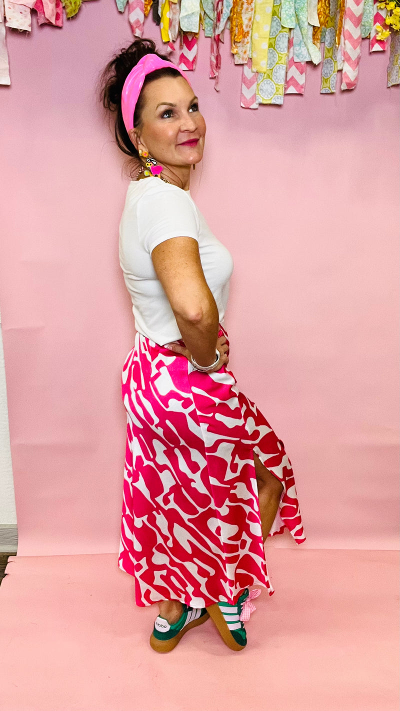 Kysa Midi Skirt with Pink Geometric print-Skirts-Broken Boutique-Palestine-TX