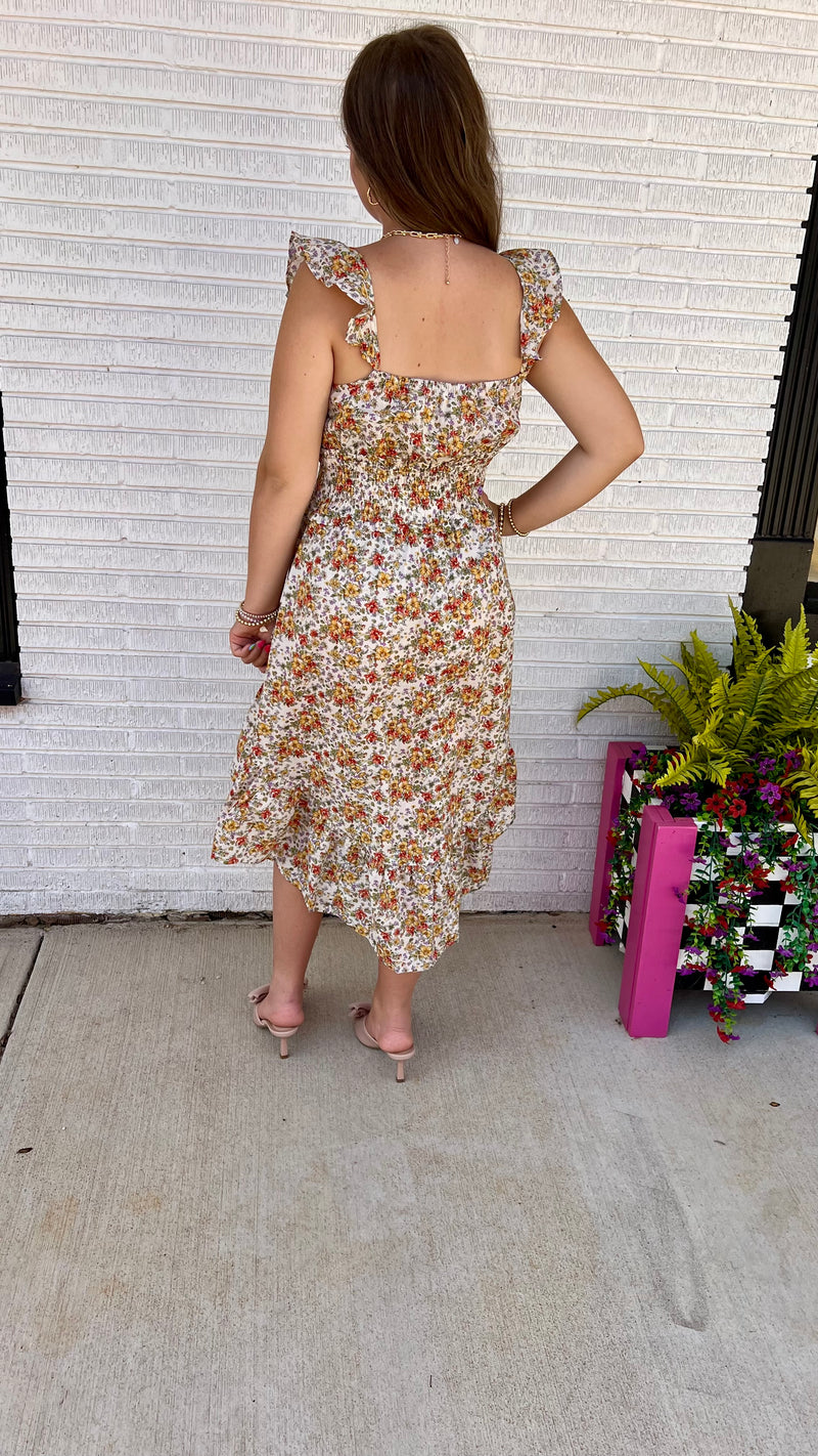 Cream Floral Jeri Dress-Midi Dress-Broken Boutique-Palestine-TX