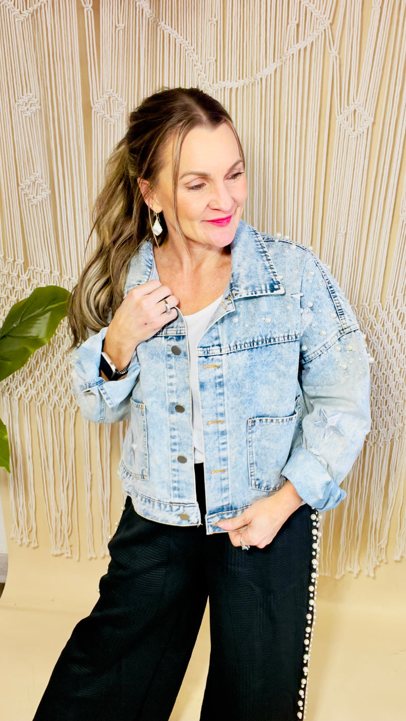 2-Haven Pearl Studded Denim Jacket-Denim Jacket-Broken Boutique-Palestine-TX