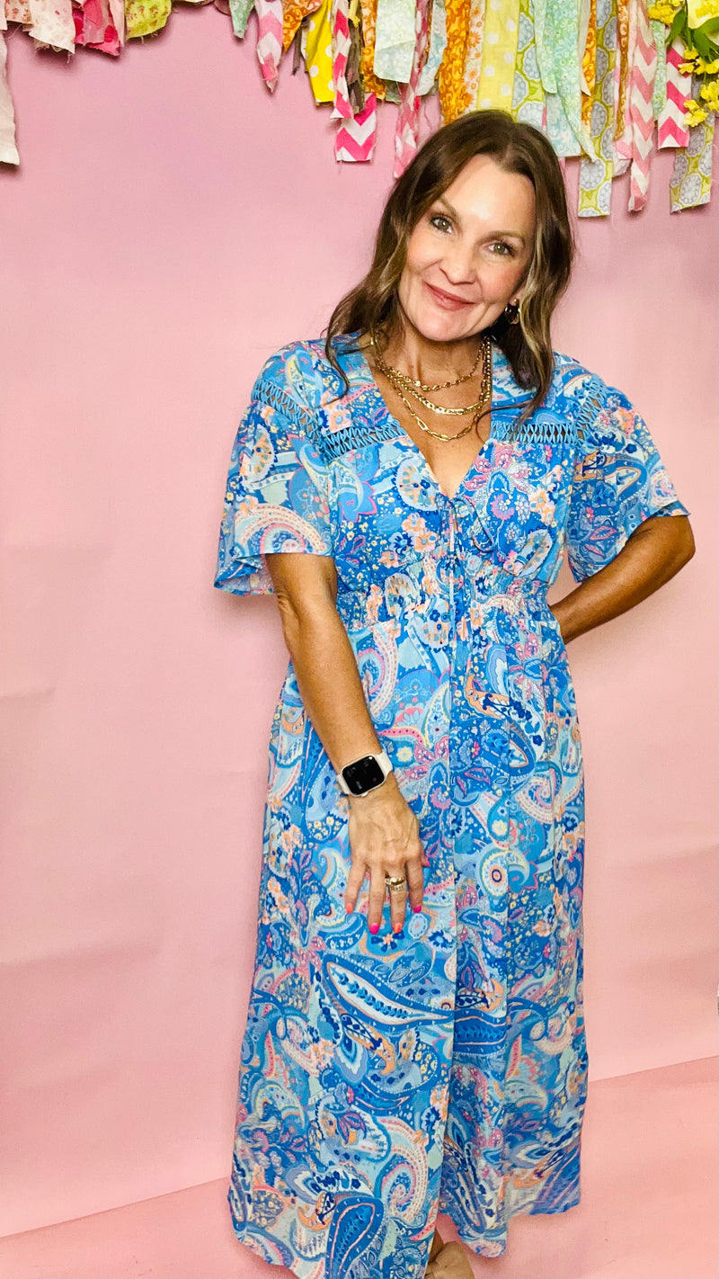 Tosha Blue Paisley Smocked Maxi Dress-Maxi Dress-Broken Boutique-Palestine-TX