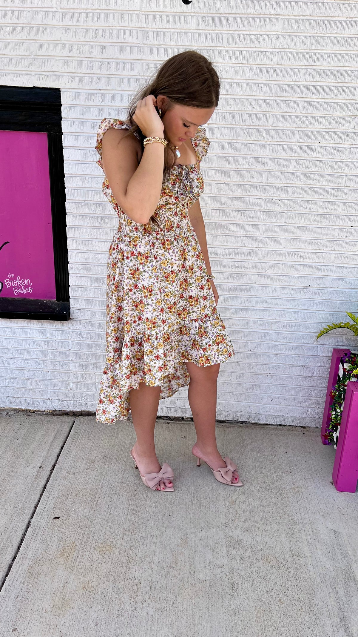 Cream Floral Jeri Dress-Midi Dress-Broken Boutique-Palestine-TX