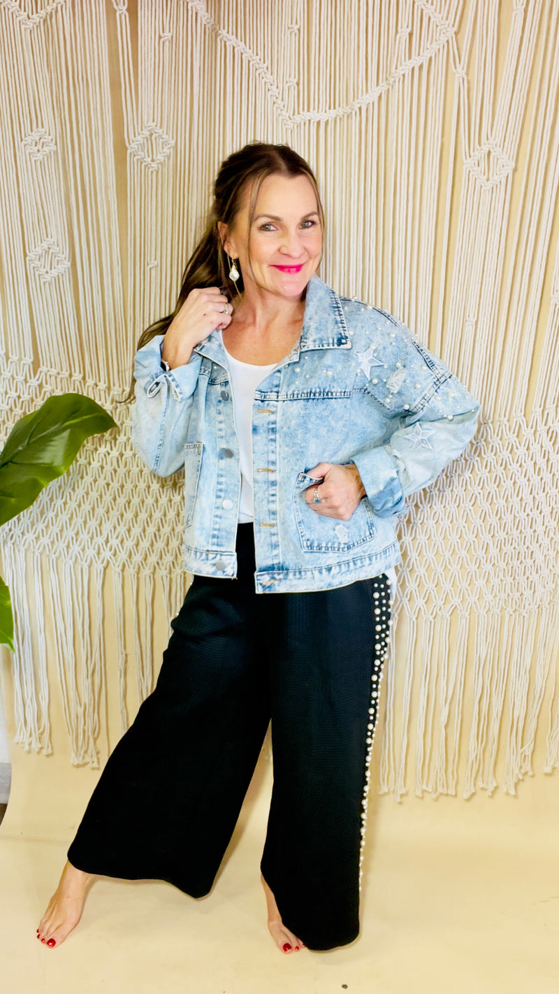 2-Haven Pearl Studded Denim Jacket-Denim Jacket-Broken Boutique-Palestine-TX