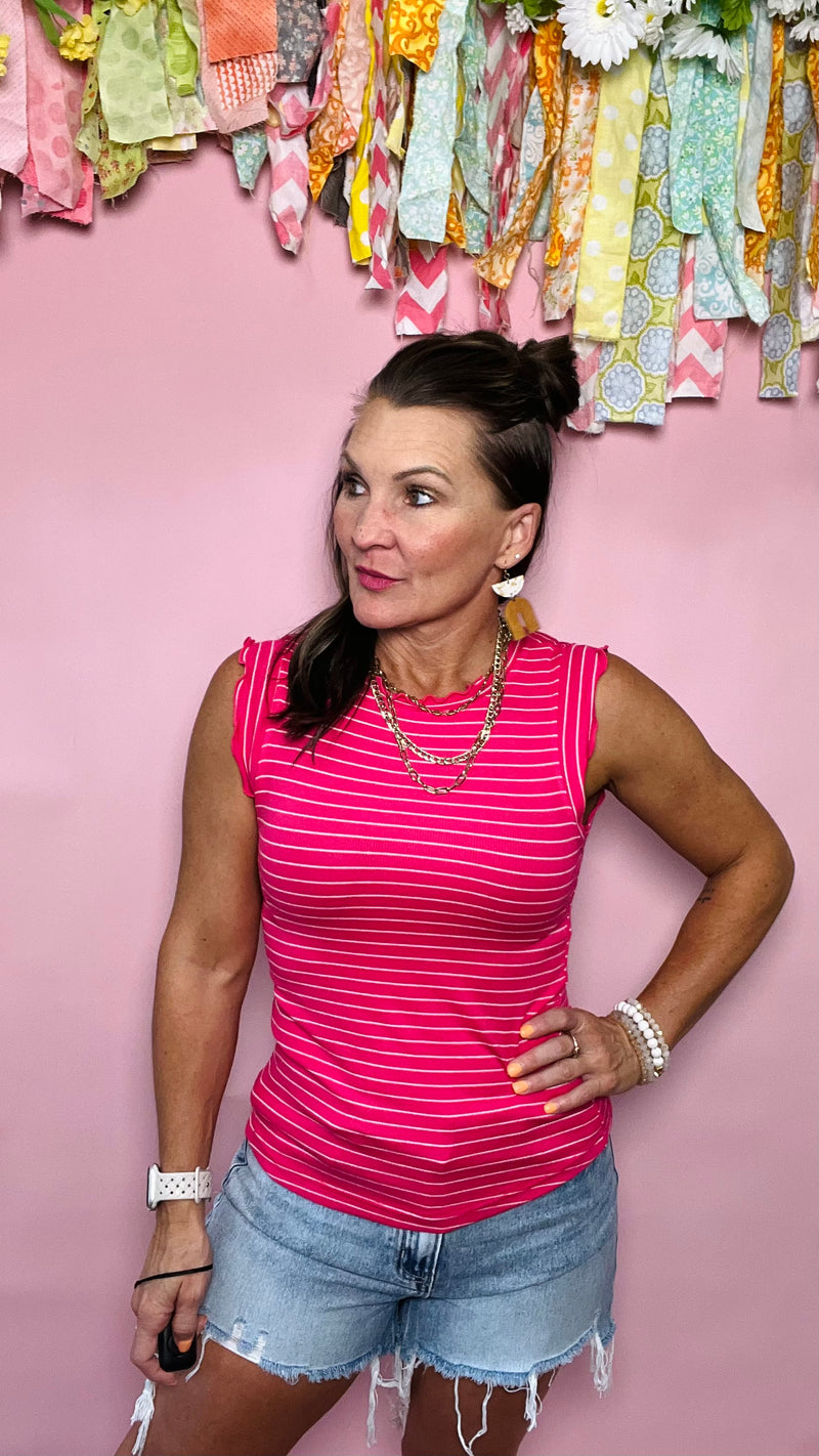 Hot Pink Stripe Janet Top-Sleeveless-Broken Boutique-Palestine-TX