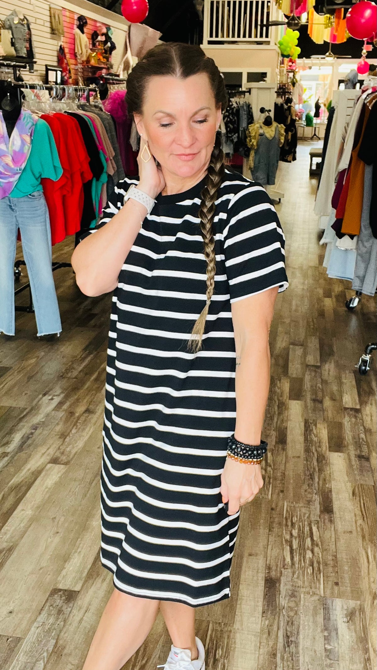 5-60628 Black Stripe Maura Dress-Midi Dress-Broken Boutique