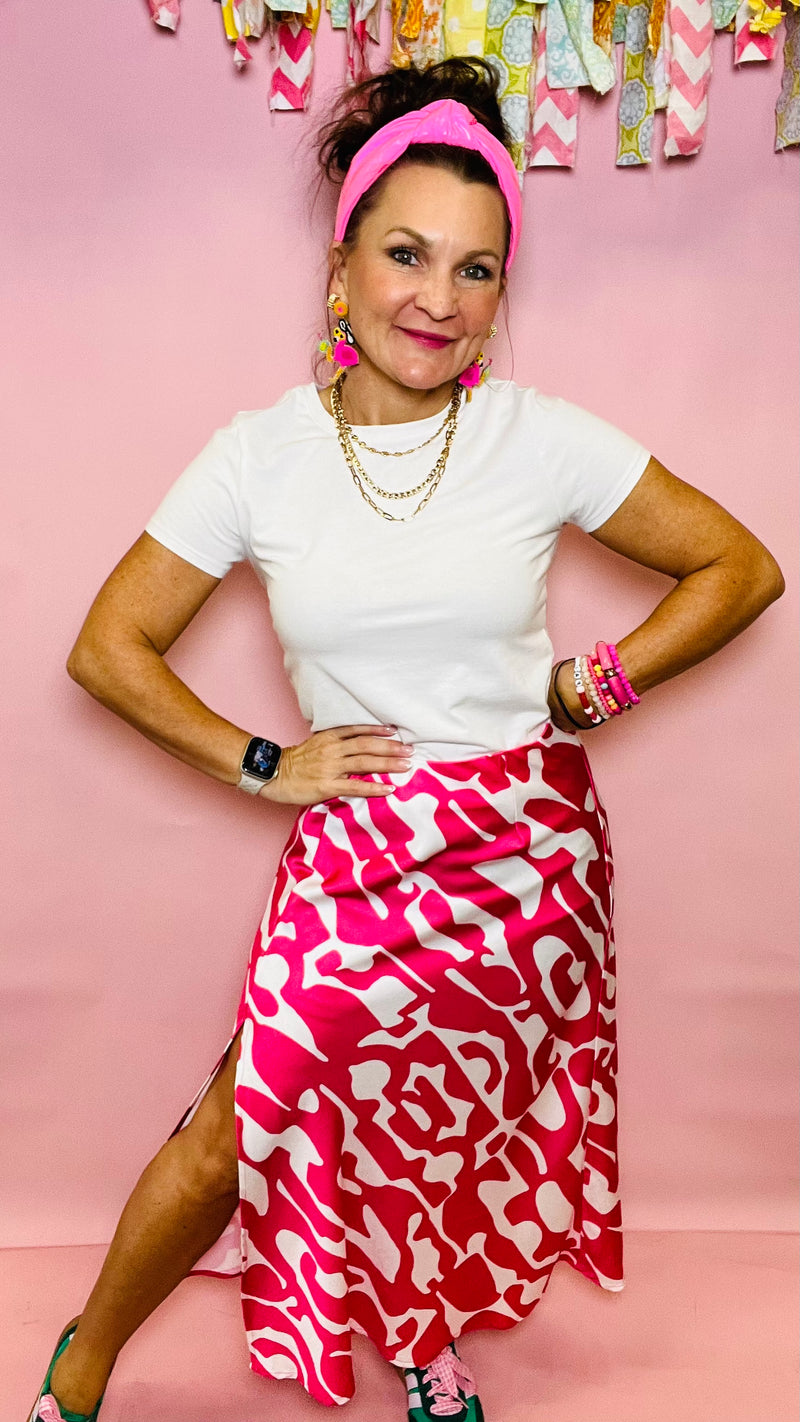 Kysa Midi Skirt with Pink Geometric print-Skirts-Broken Boutique-Palestine-TX