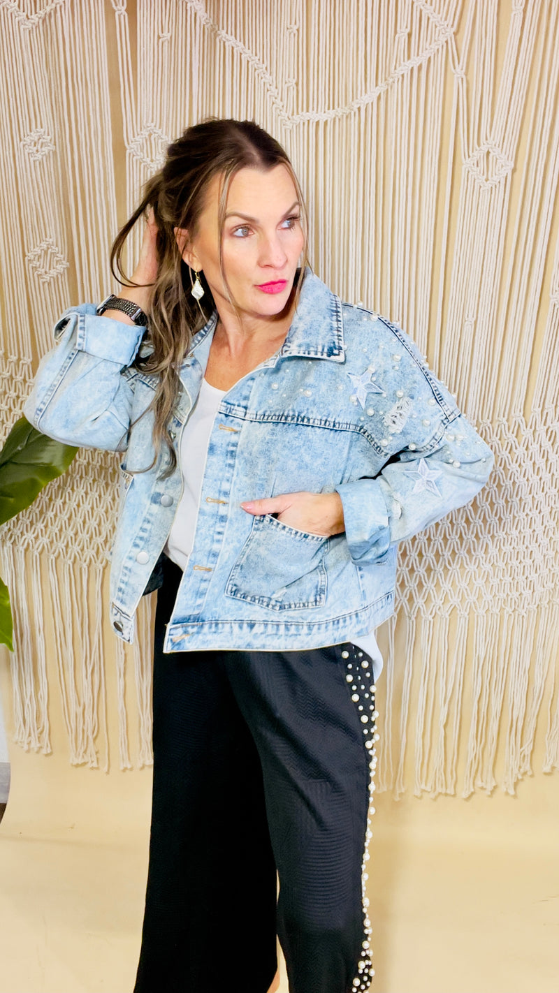 2-Haven Pearl Studded Denim Jacket-Denim Jacket-Broken Boutique-Palestine-TX