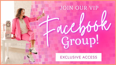 Promotional graphic for a VIP Facebook group with a person in pink sitting on a bench.