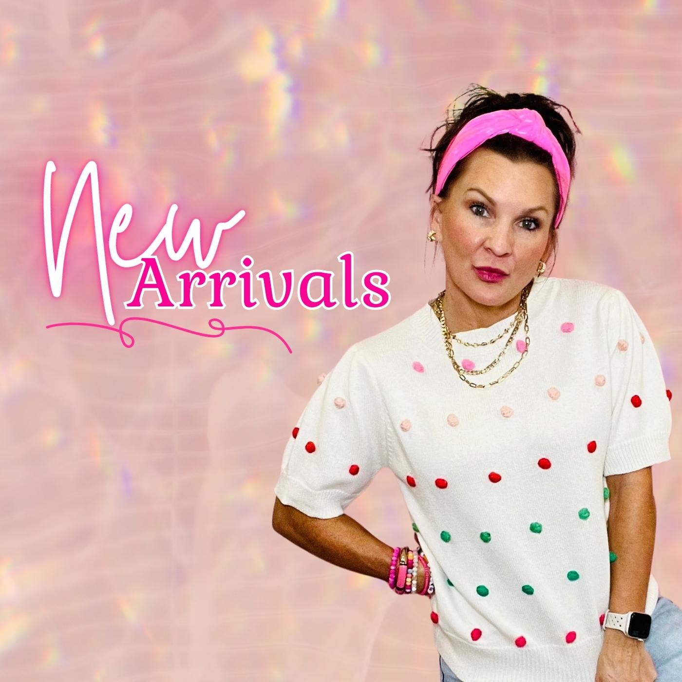 Promotional banner for 'New Arrivals' with a model wearing a white t-shirt, jeans, and colorful headband on a pink background. Broken Boutique Palestine, TX