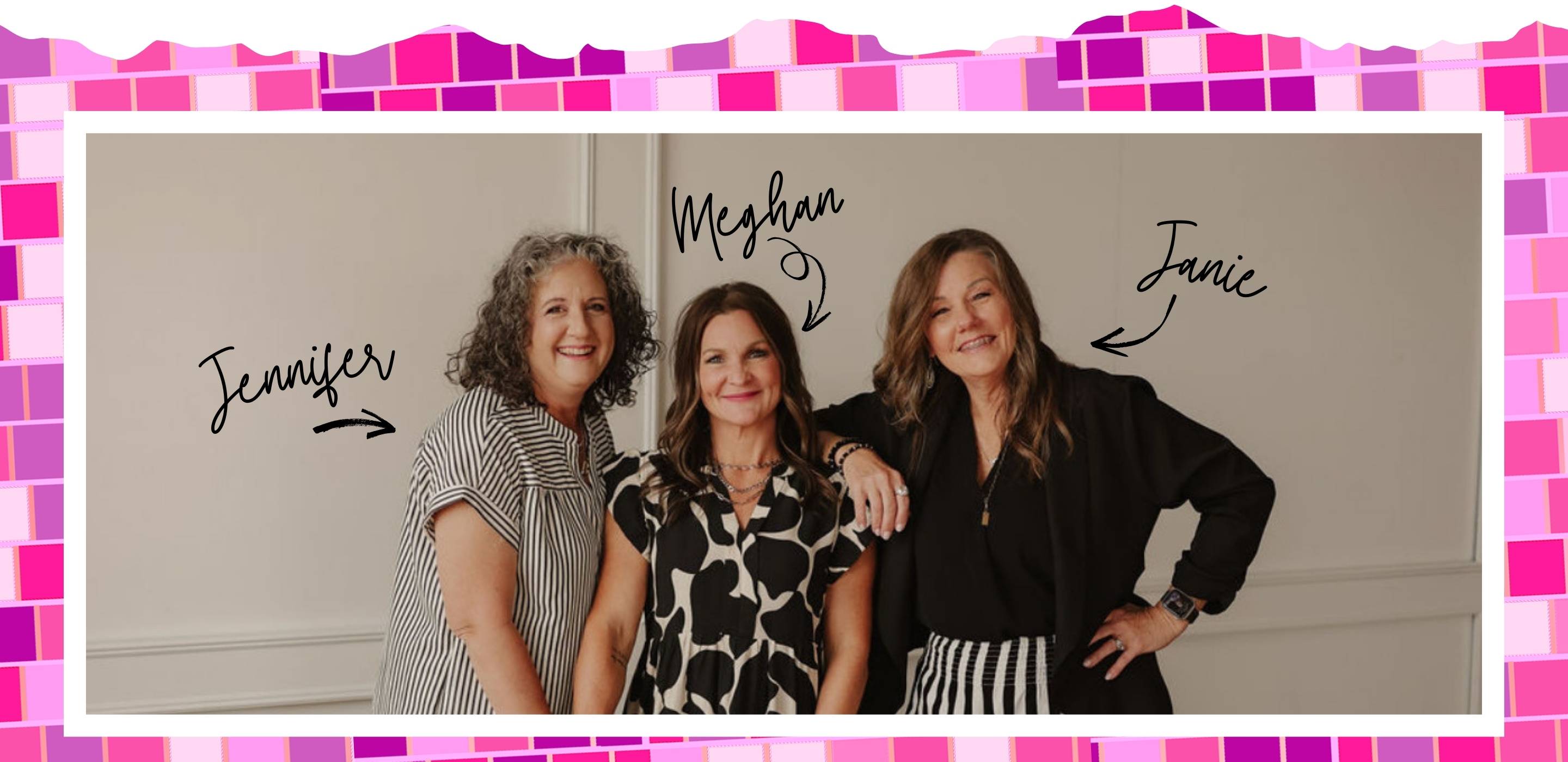 Three women standing together with names written above them against a pink and purple patterned background.