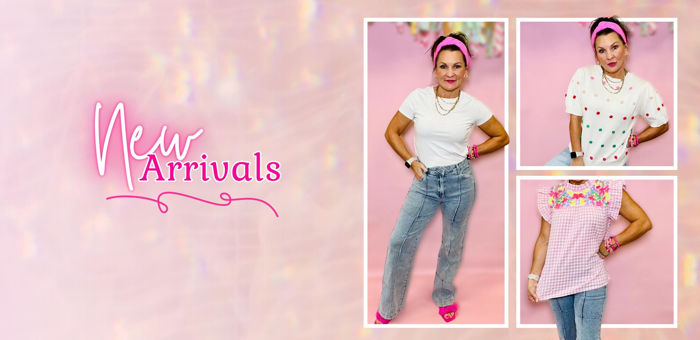 Promotional banner for 'New Arrivals' with a model wearing a white t-shirt, jeans, and colorful headband on a pink background. Broken Boutique Palestine, TX